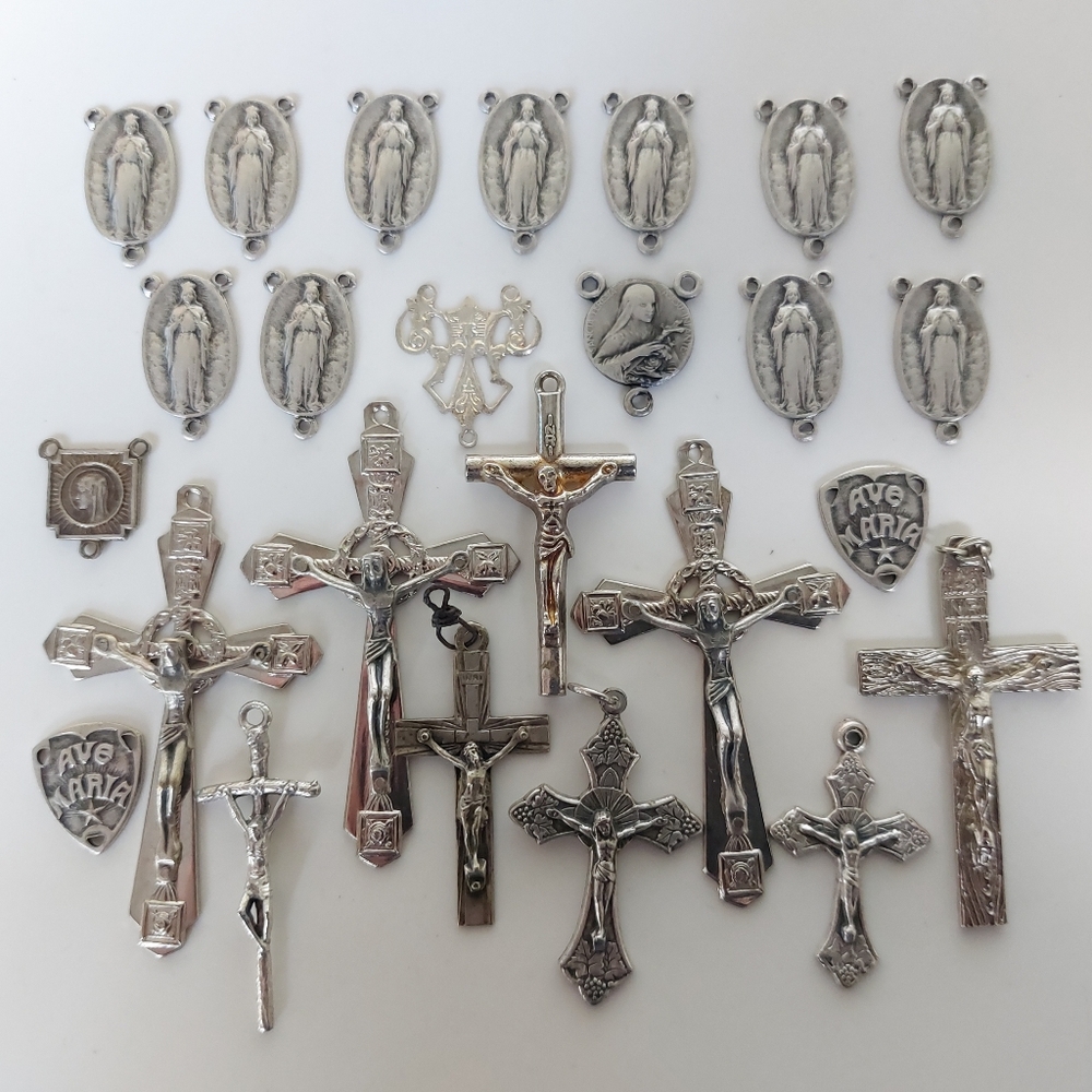 25 Vintage Catholic Rosary Centerpiece/Center Cross/Crosses/Crucifix Destash Lot
